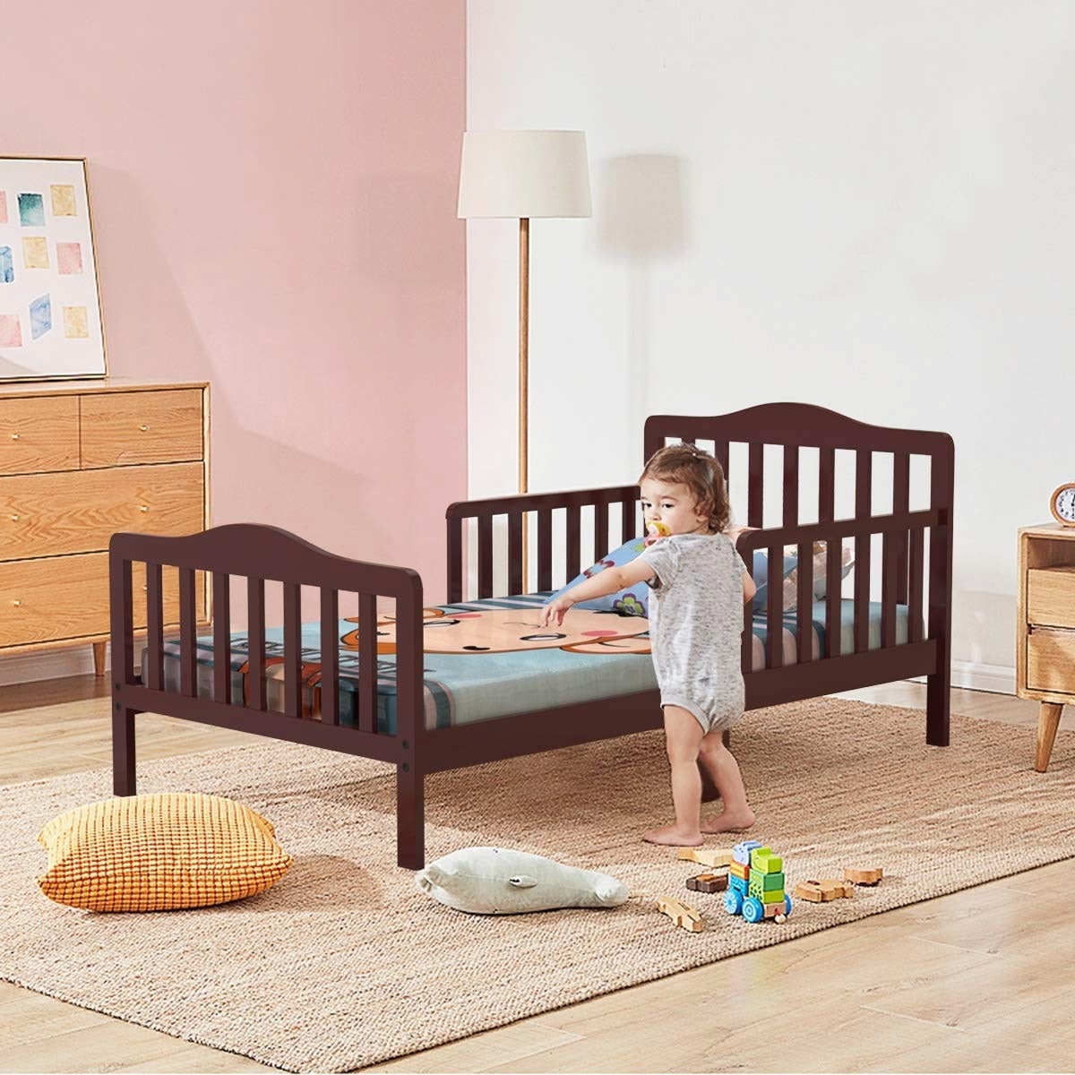 Toddler Kids Wood Wooden Bed Frame with Soft Tufted Headboard & Half Side Rails 