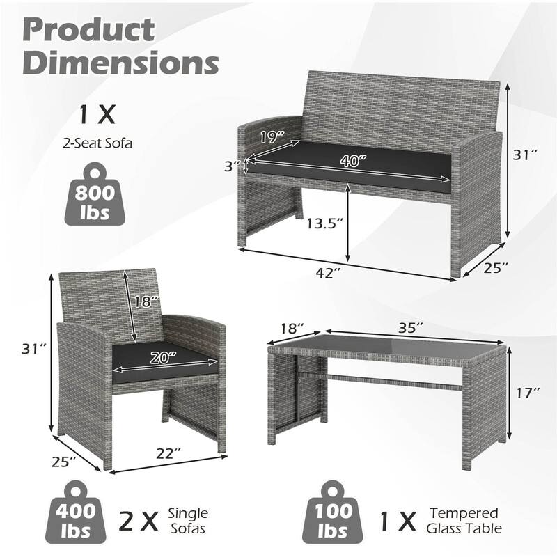 4 Piece Outdoor Patio Furniture Set Mix Gray PE Rattan Loveseat Armchairs and Tempered Glass Coffee Table with Cushions