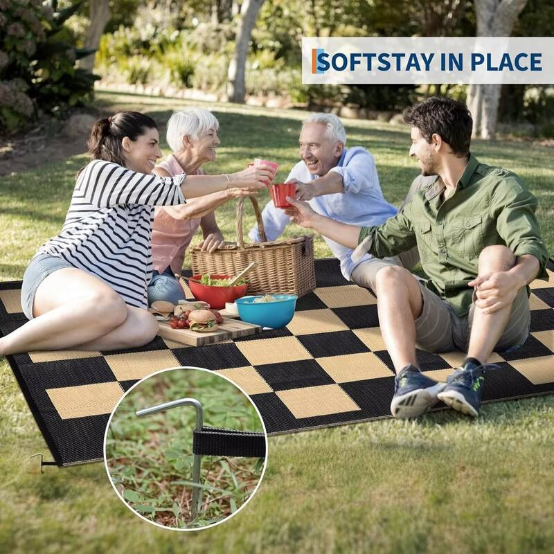 Outdoor Rug Checkerboard Geometric Plaid Pattern, Waterproof Plastic Straw Rug, UV Resistant Foldable Outdoor Rug