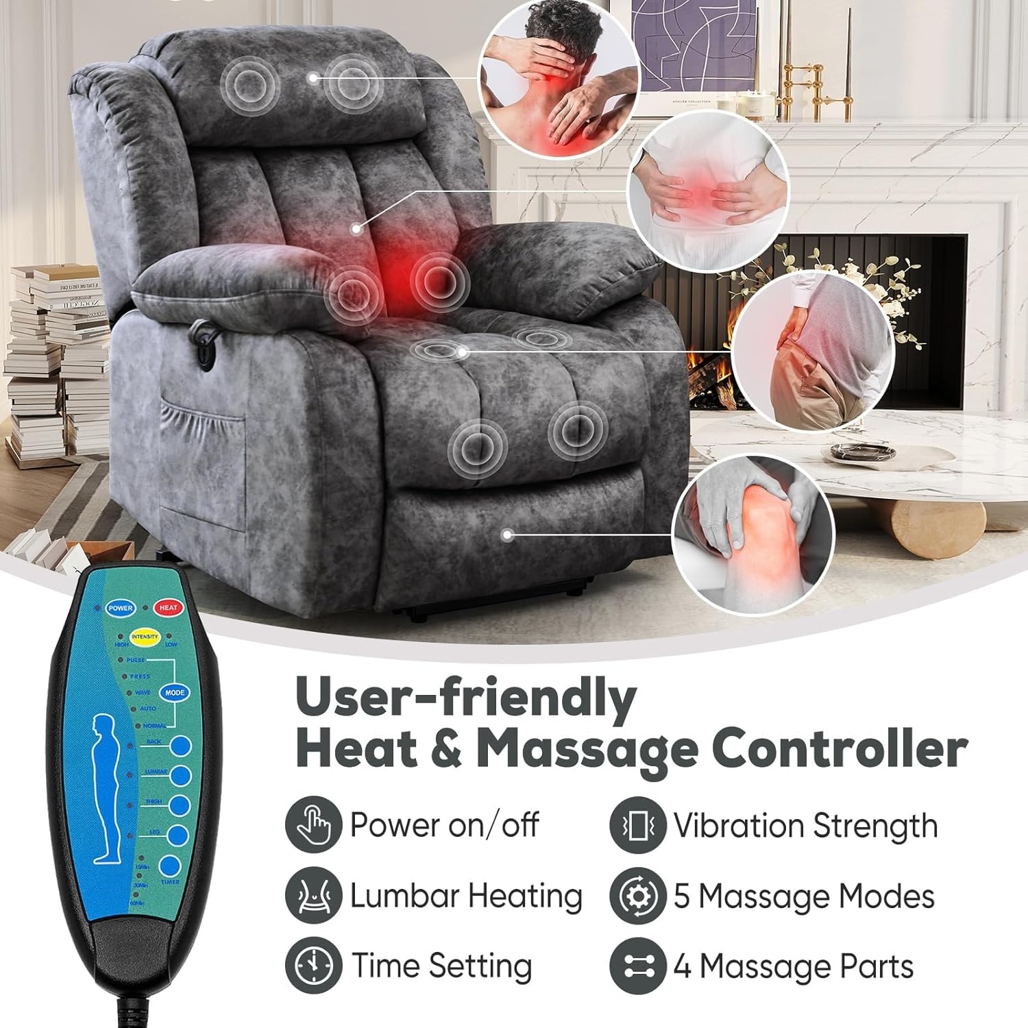 Dark Grey Plush Fabric Heat Massage Power Lift Recliners Chairs