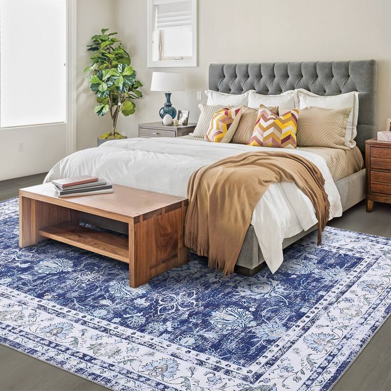 Garvee Boho Rugs Bohemian Rugs Floral Distressed Area Rug - 8' x 10' - Navy Blue