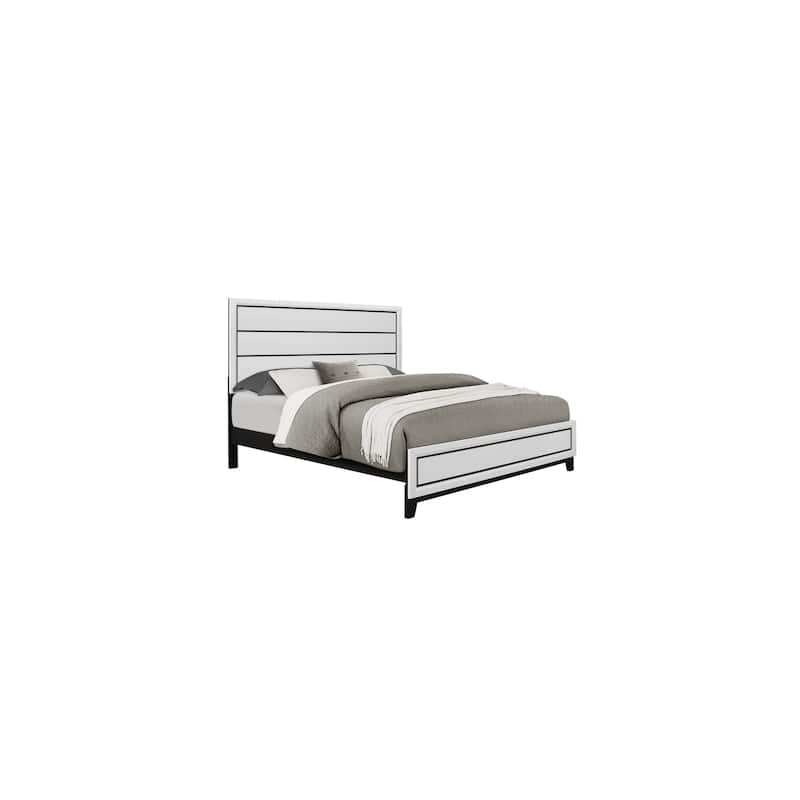 King Size Bed White Veneer Platform Bed with Black Hardware, 4 Slats, Modern Bedroom Furniture