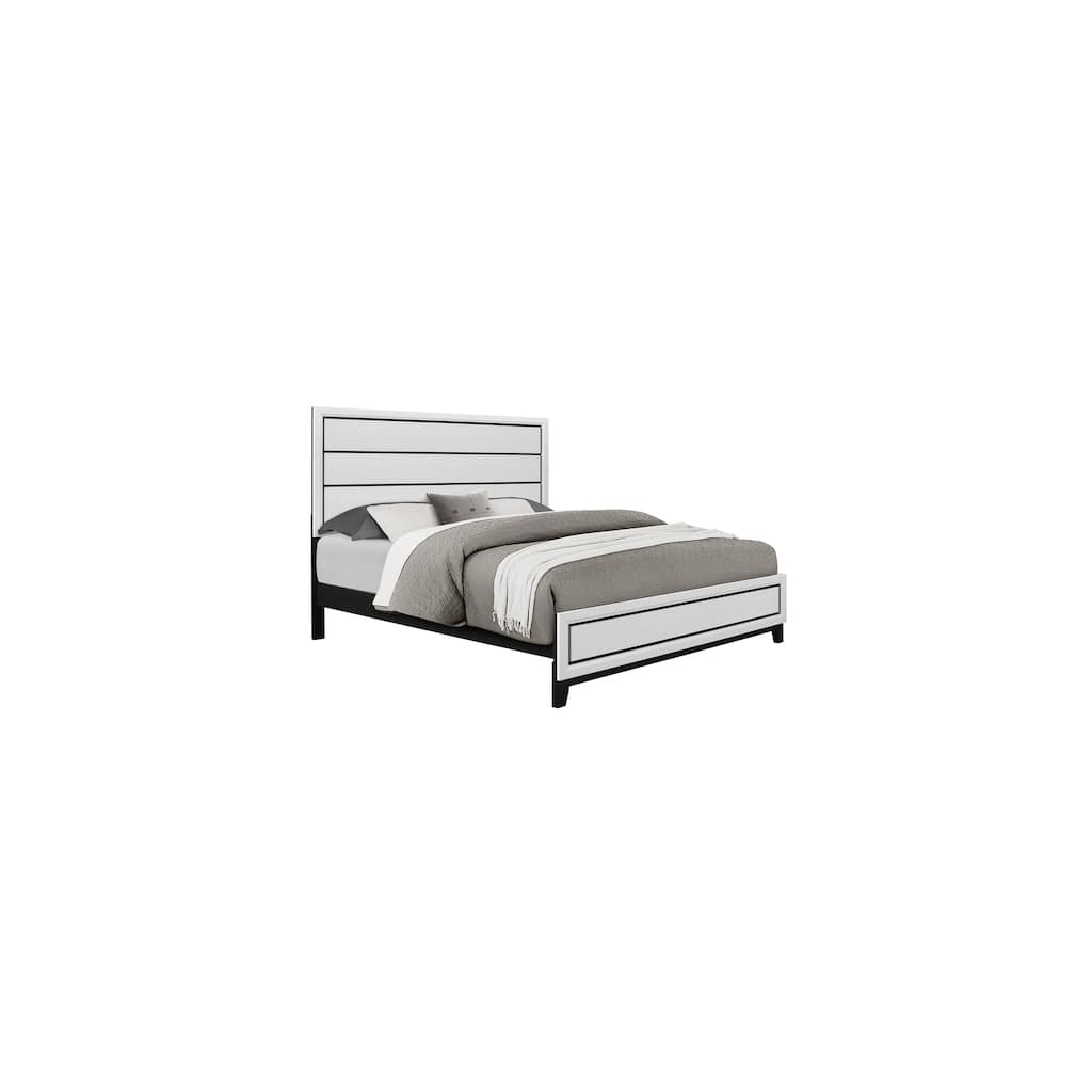 King Size Bed White Veneer Platform Bed with Black Hardware, 4 Slats, Modern Bedroom Furniture