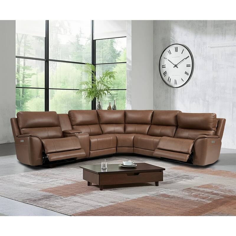 123" W Premium Genuine Leather Triple-Power Double Width Sectional Sofa with Console, Zero Gravity, USB & Type-C Ports - Light Brown