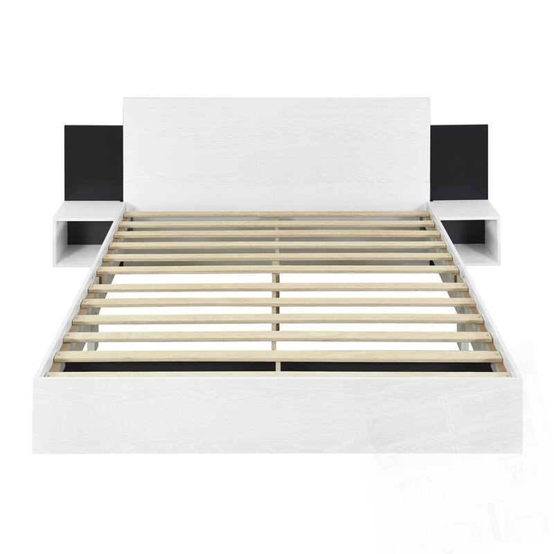 Wooden Floating Platform Bed, with LED Lights and Bedside Nightstand
