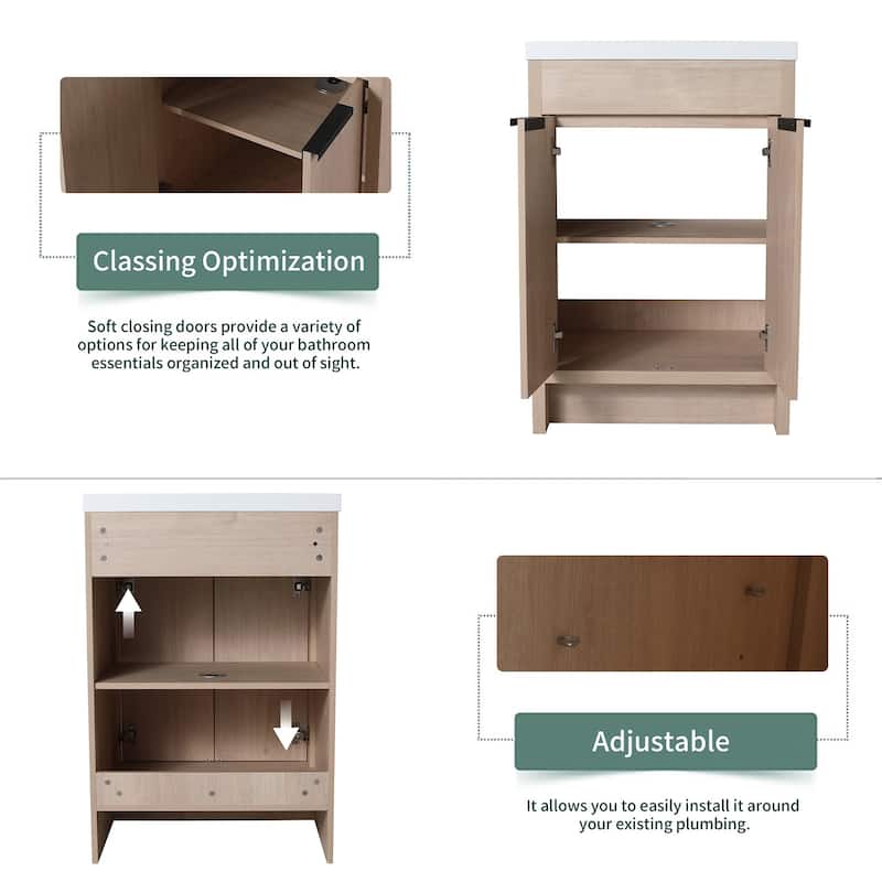 24 Inch Plywood Freestanding Bathroom Vanity With White Resin Sink and Doors and shelf