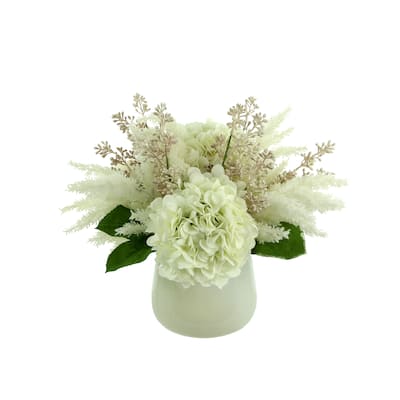 Hydrangea Floral Arrangement in a Glass Vase with Pampas and Seeded Eucalyptus - White, Pink