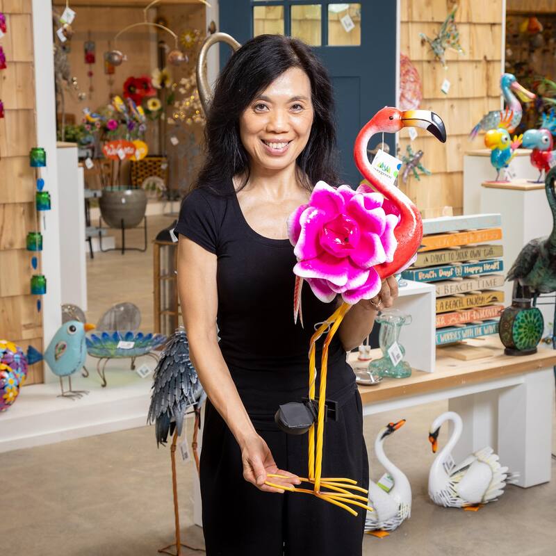 Solar Metal Flamingo With Flower Body, 28"H