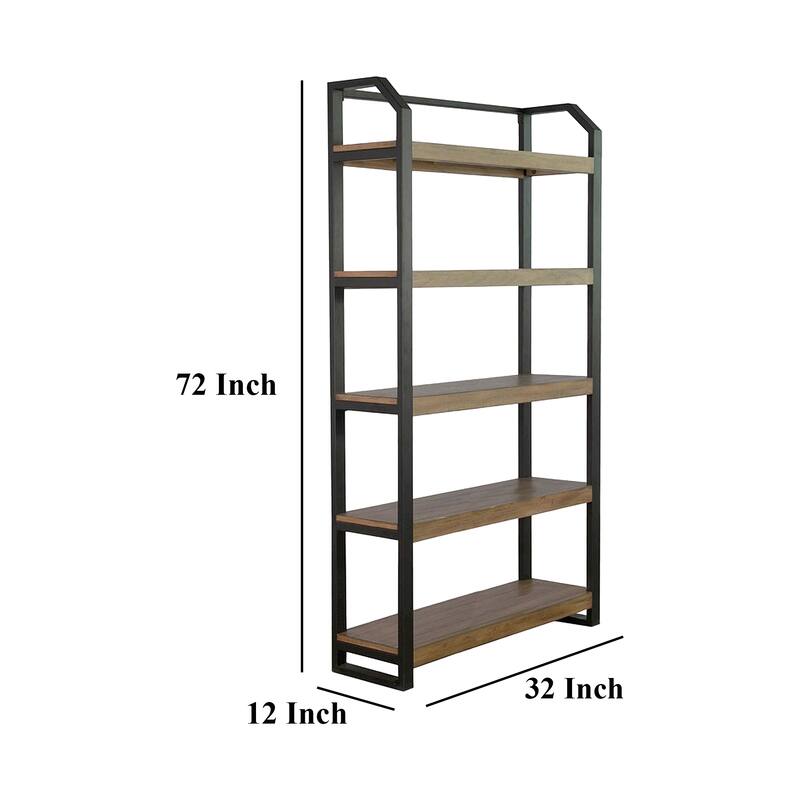 Yael Bookcase, 5 Brown Mahogany Shelves and Black Metal Frame, 72 Inch
