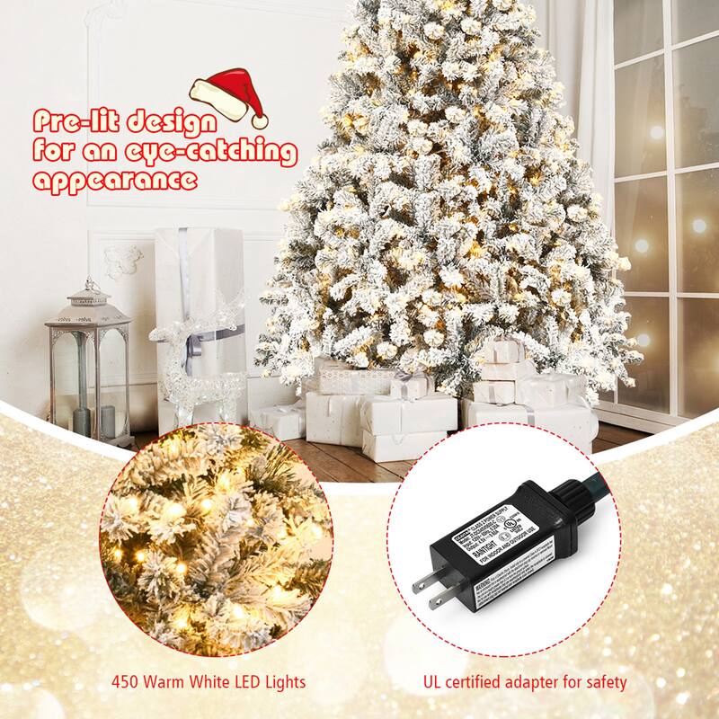 Gymax 6/7.5/9 FT Pre-Lit Christmas Tree Snow Flocked Hinged Pine Tree