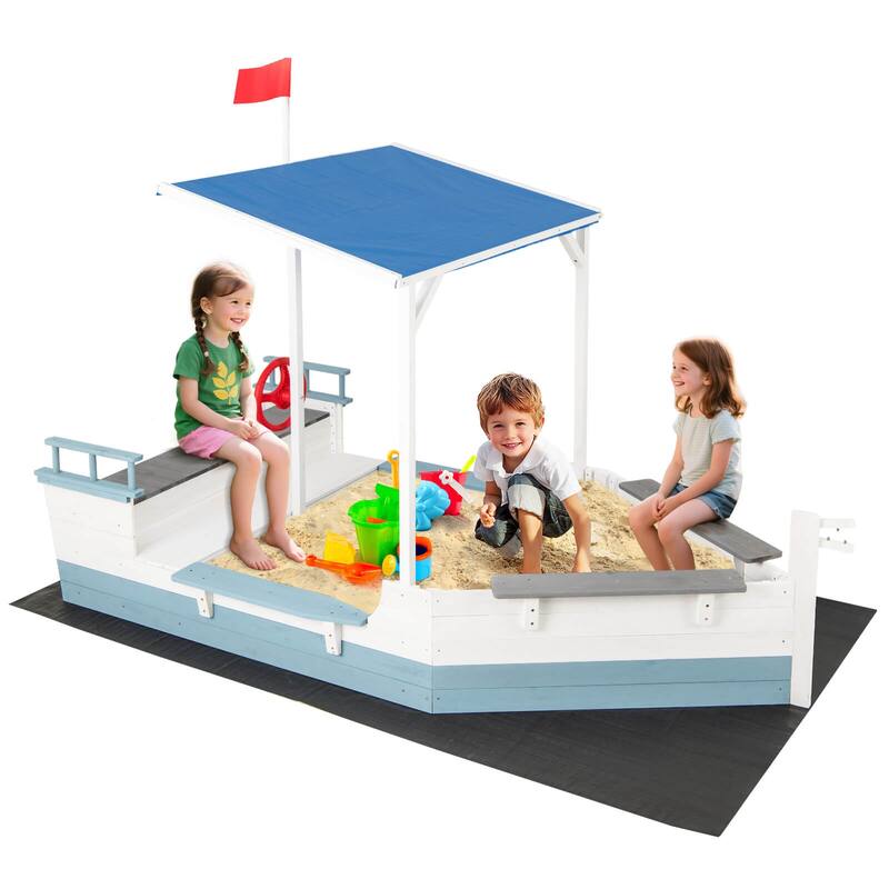 Costway Fir Wood Sandbox with Sloping Canopy Liner Multiple Seats - See Details - Multi-color - See Details