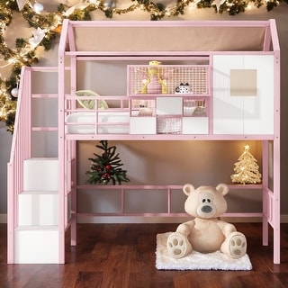 Stylish Metal Loft Bed with Space Saving Option with A Bottom Nook, Roof Design with Ladder and A Storage Box, Twin, Pink