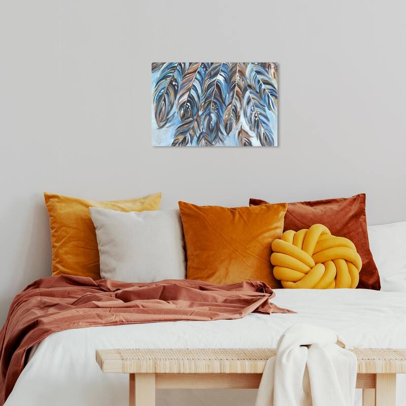 Wynwood Studio Canvas Fashion and Glam Pretty Feathers Blue and Modern & Contemporary Wall Art Canvas Print - 16 x 24