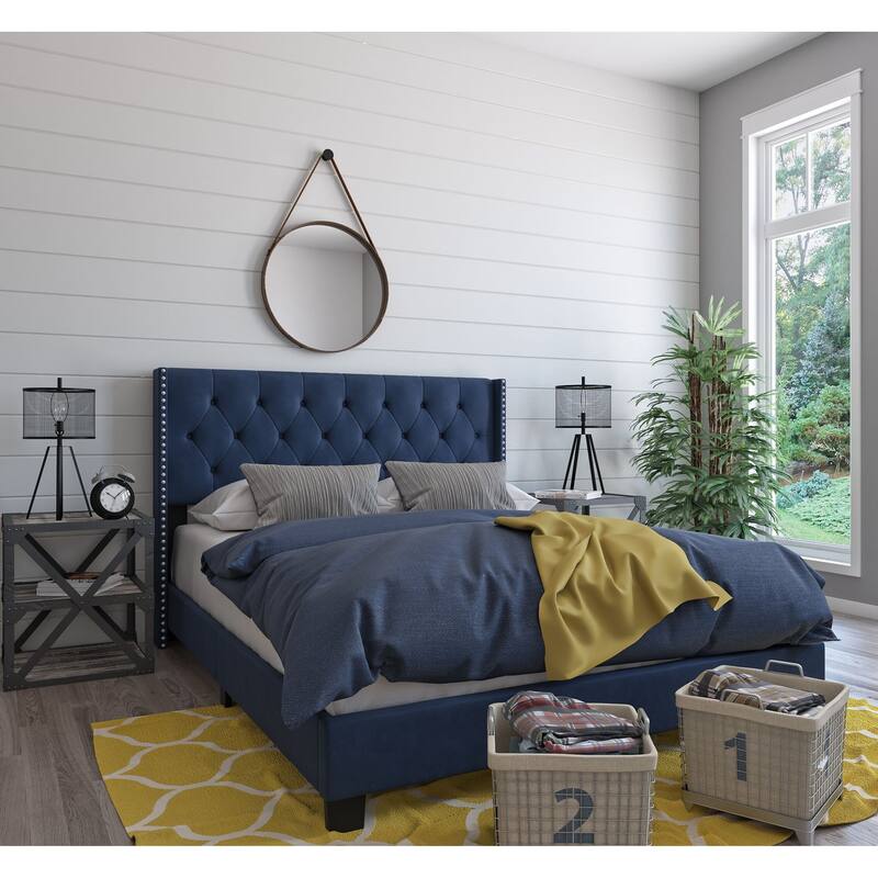 Bardy Upholstered Button-tufted Wingback Bed - Queen or King - Blue Velvet - Queen