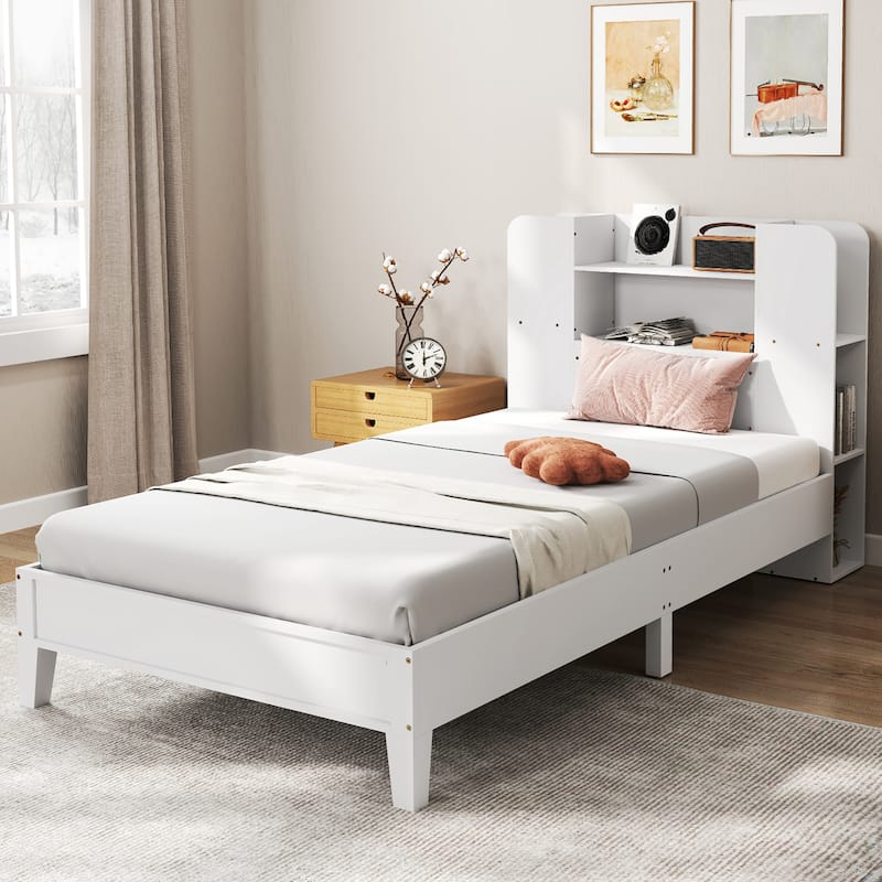 Gymax Twin Size Bed Frame Wooden Platform Bed Kids Bed Frame w/ - White