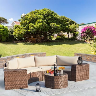 AVAWING 7 Pieces Half Moon Patio Conversation Set PE Wicker Sectional Sofa