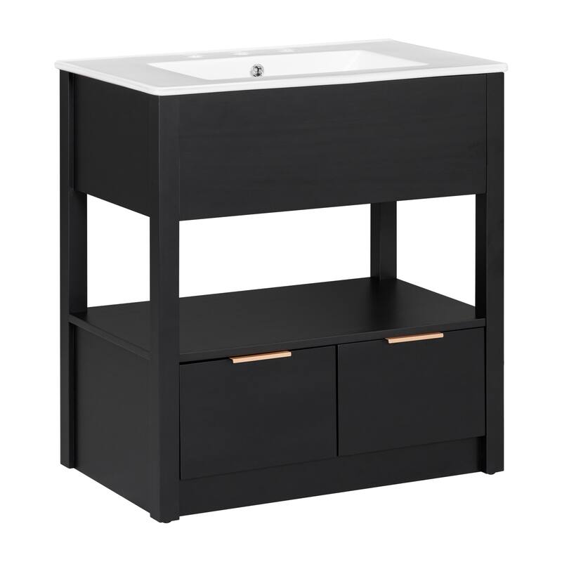 Modern 30-Inch Bathroom Vanity with Ceramic Sink, Open Storage Shelf, and Two Drawers, Brown
