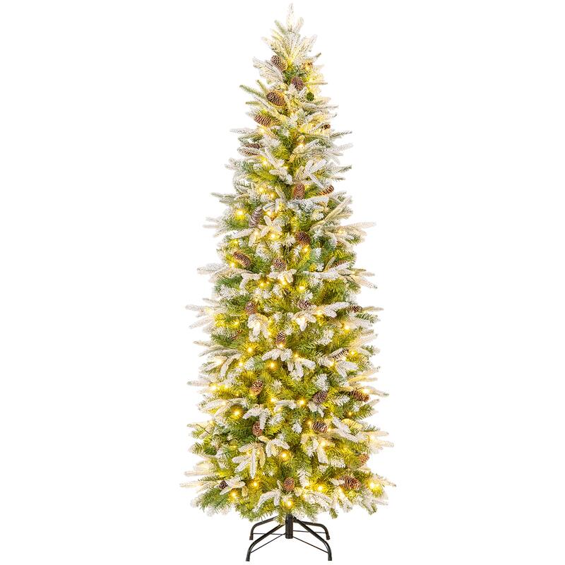 Gymax 6/7.5/9 FT Pre-Lit Artificial Christmas Tree Snow Flocked Hinged
