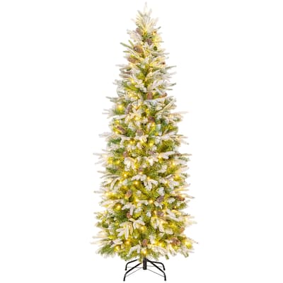 Gymax 6/7.5/9 FT Pre-Lit Artificial Christmas Tree Snow Flocked Hinged