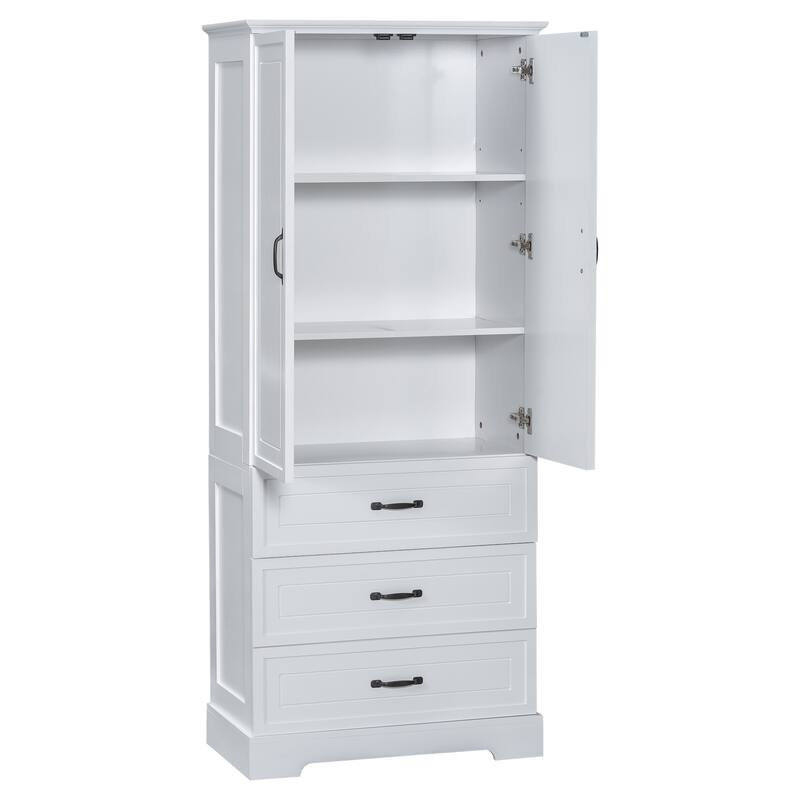 Roomfitters Tall Bathroom Storage Cabinet with Two Doors and Drawers, Adjustable Shelf and Sleek MDF Frame, White