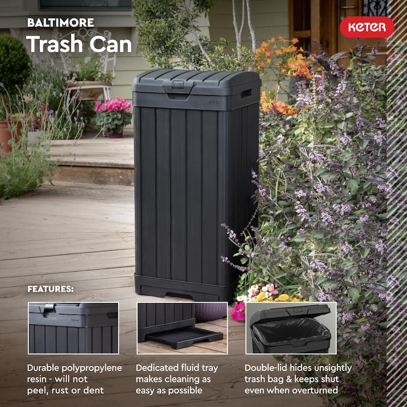 Keter Baltimore 39 Gallon Durable Resin Outdoor Trash Can For Indoor and Outdoor with Secure Lid