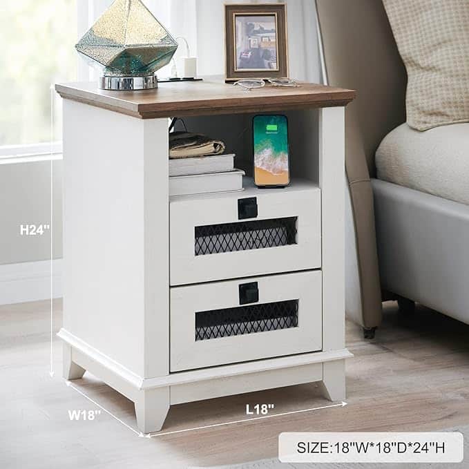 Farmhouse Nightstand with Charging Station, End Table, Side Table
