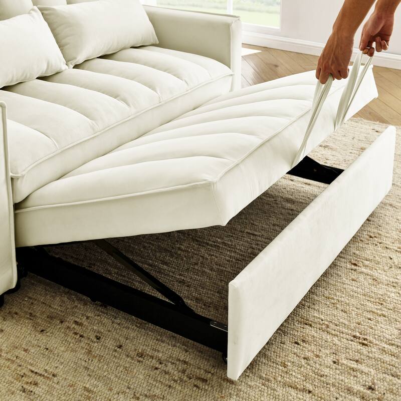 Velvet 3 in 1 Pull Out Loveseat Sofa Convertible Sleeper Love Seat Bed Adjustable Backrest Tufted Couch with 2 Pillow & Pockets