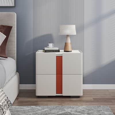 2-Drawer White Modern Storage Nightstand, Wood Bedside Table