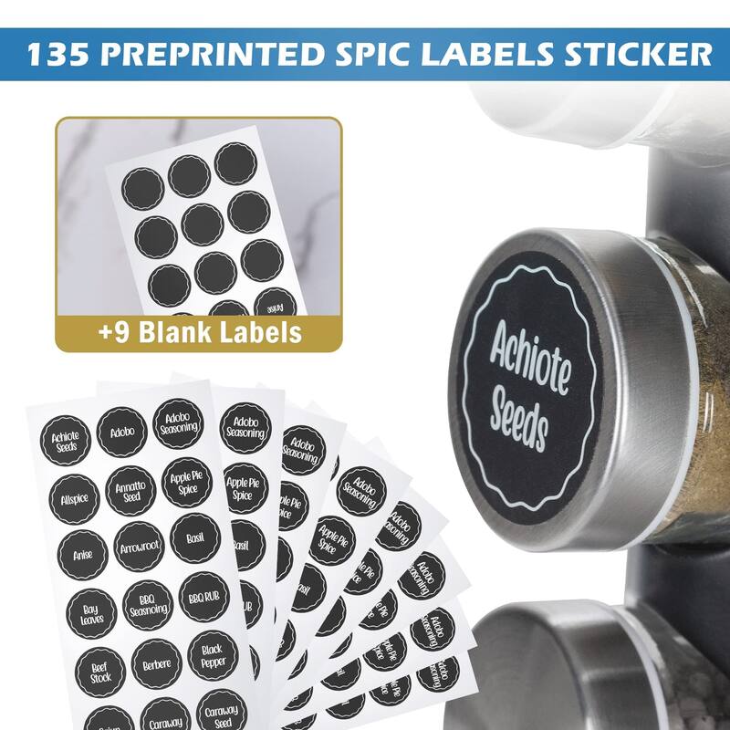 Black Countertop Revolving Spice Rack,Empty 20-Jars Rotating Spice Rack Organizer,Round Carousel Tower, 135 Spice Labels