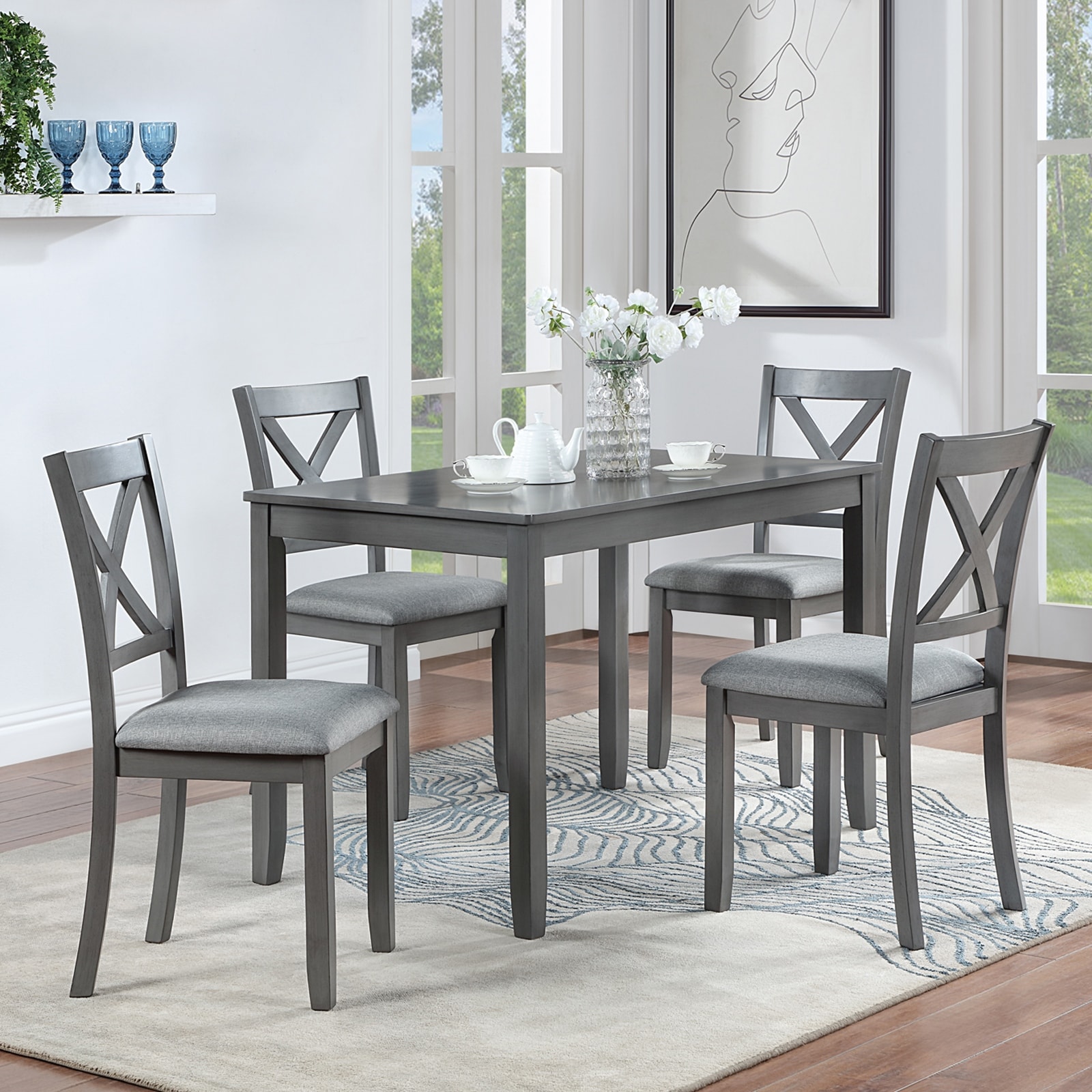 GDFStudio - 5-Piece Gray Farmhouse Wooden Dining Table with Upholstered Chairs and Space-Saving Rectangular Kitchen Table