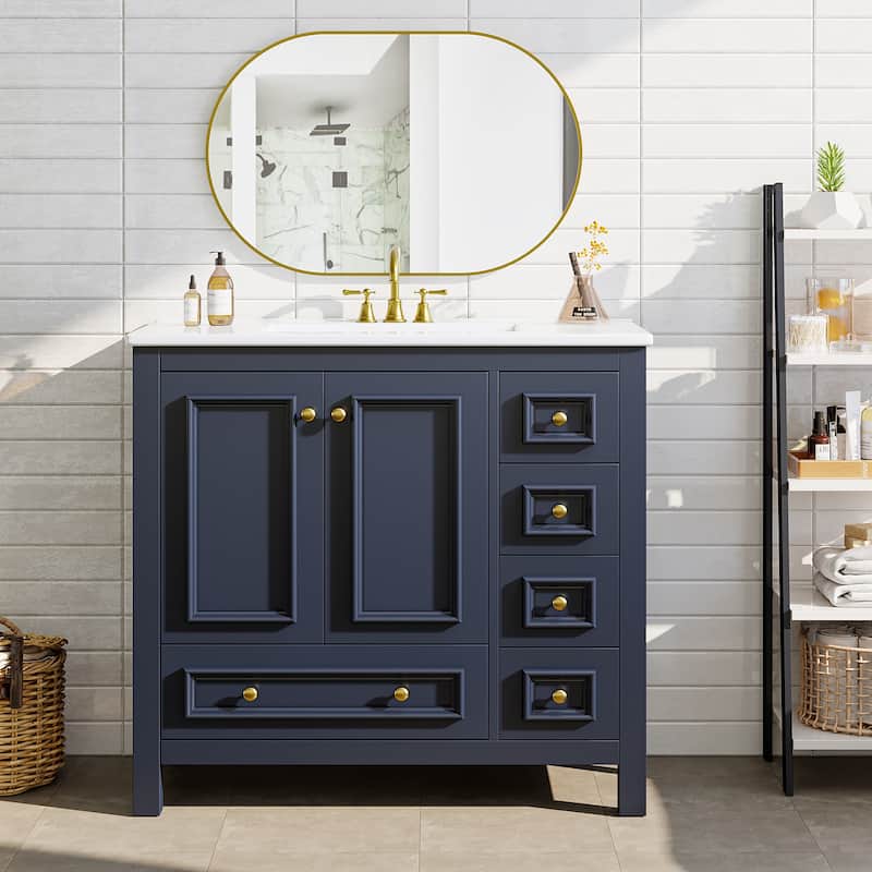 Bathroom Vanity with Sink, Solid Wood Frame Freestanding Vanity with Door Organizer and Drawer