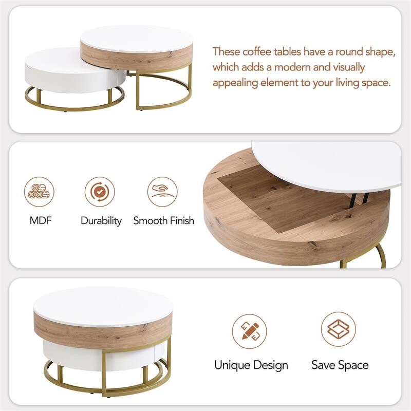 Merax Modern Round Lift-top Nesting Coffee Tables with 2 Drawers