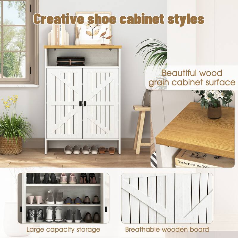Double Door Wooden Shoe Cabinet, Multifunctional Shoe Organizer, Hidden Shoe Cabinet with Top Shelf and Open Shoe Rack