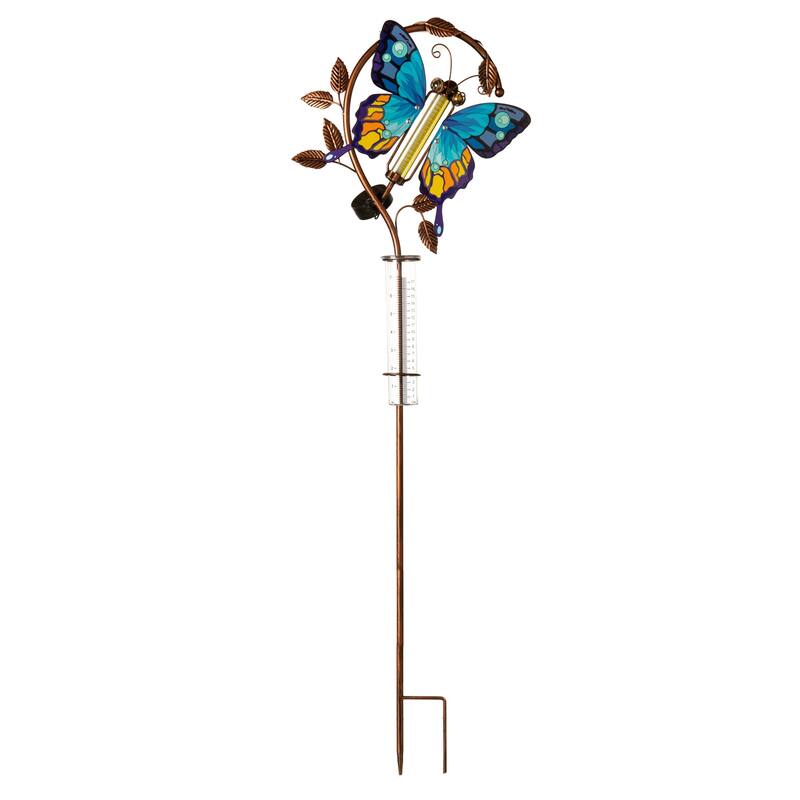 42 in. Solar Metal Rain Gauge, Blue Butterfly
