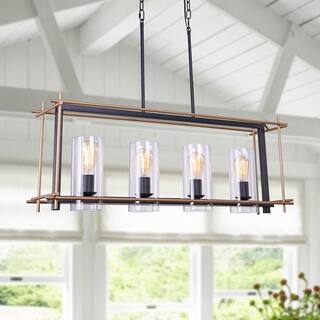 Parry Matte Black+Gold/Bronze 4-Light Linear Chandelier with Clear-Cylinder Glass Shade