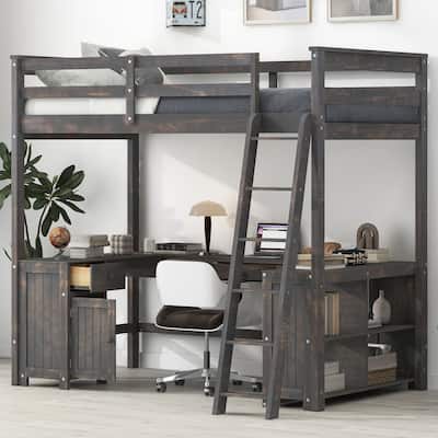 Antique Brown Full Size Solid Wood Loft Bed with Desk, Blackboard, Storage Box, Shelf and 3 Drawers