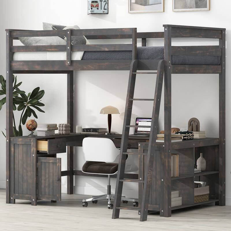 Full Size Loft Bed with U-shaped Desk, Drawers, and Storage Shelves in Antique Brown - Antique brown
