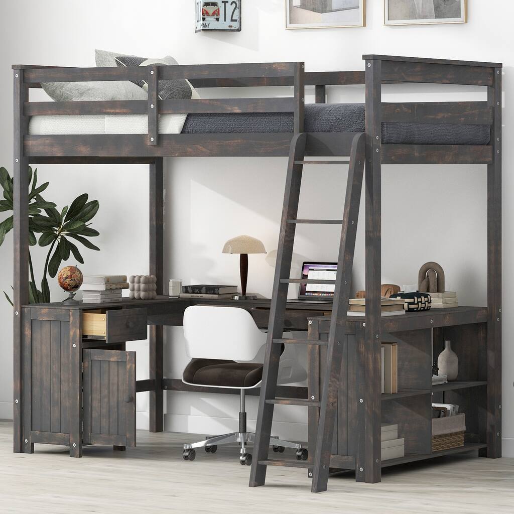 Roomfitters Full Size Wood Loft Bed with U-Shaped Desk, Drawers and Storage Shelves, Antique Brown