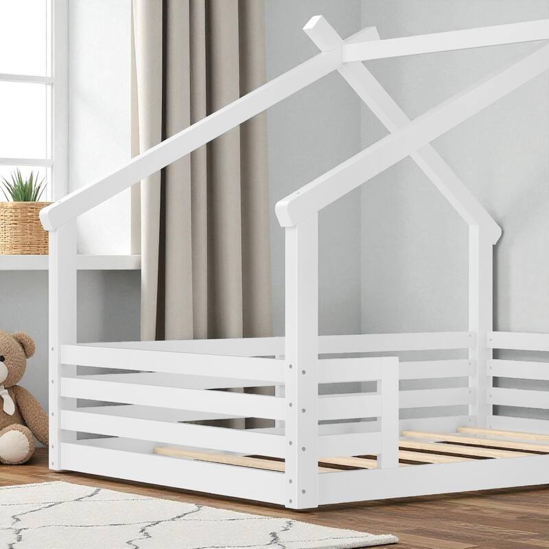 Twin/Full Size Solid Wood House Floor Bed with Window and Shelf, Montessori Low Bed Frame for Kids, No Box Spring Needed