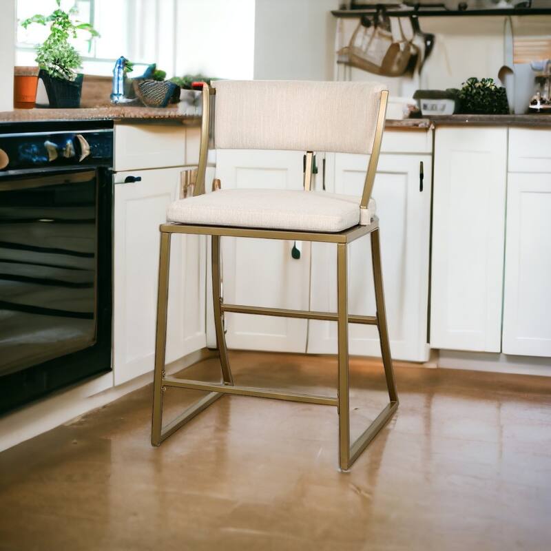HomeRoots 25" Beige And Antiqued Brass Steel Low Back Counter Height Bar Chair - Counter Height - Single - Antiqued Brass