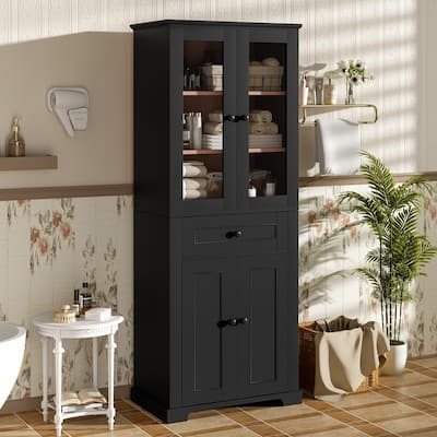 Modern 67.2"H Bathroom Storage Cabinet with Glass Doors Adjustable Shelves and Soft-Close Drawer