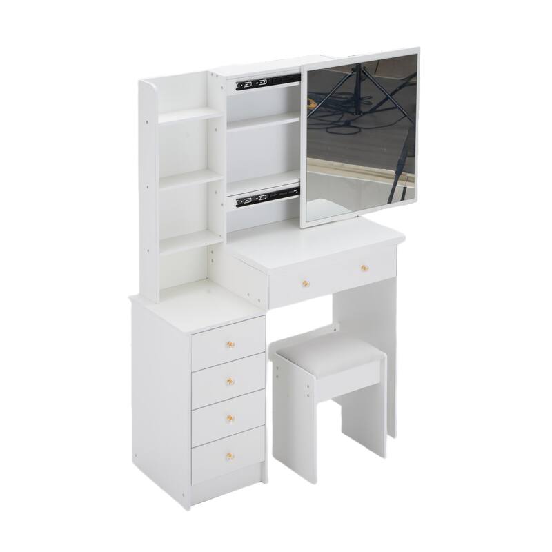 37" Full-Size Vanity Set with Sliding Mirror & Cushioned Stool