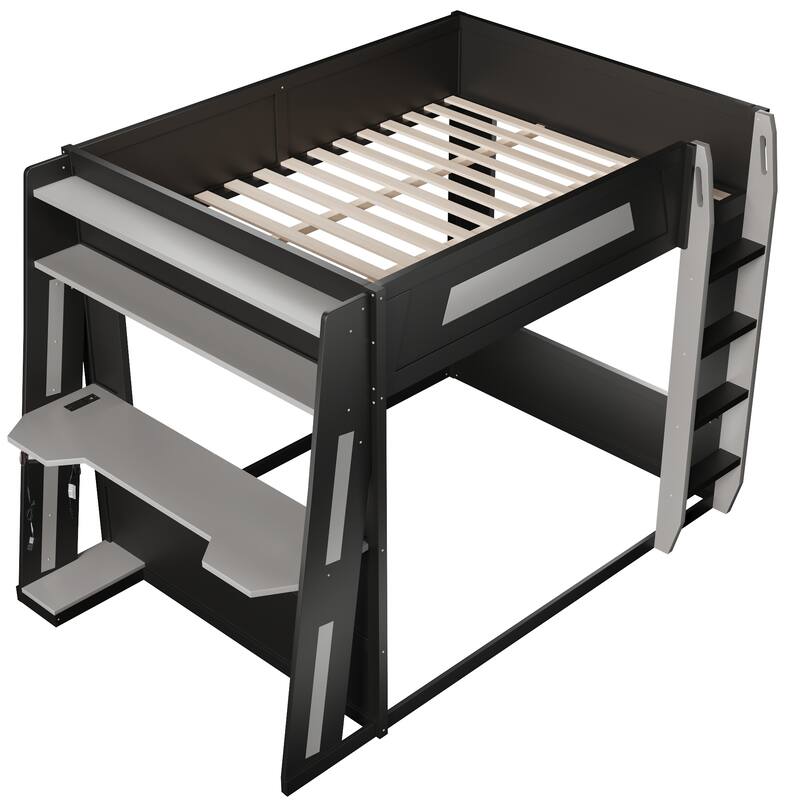 Gaming Bunk Bed with Computer Desk, Storage Shelves, USB Port and LED Strip Lighting, Esports Design, Wooden Gaming Bed