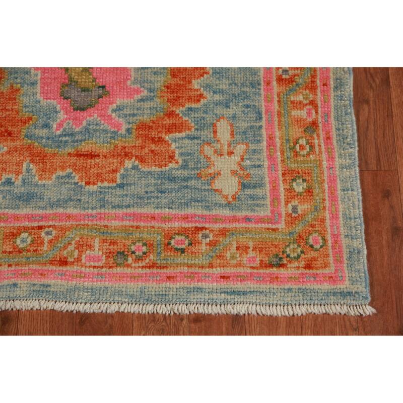 Hand Knotted Oriental 100% Wool Carpet Transitional Floral Navy Blue & Blues Oushak Runner Rug - 12' 8'' X 2' 11''