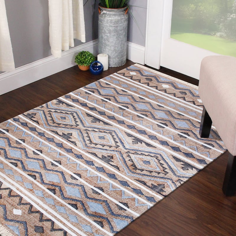 Sevita Hand-Woven Southwestern Jute-Blend Area Rug, Tan and Light Blue