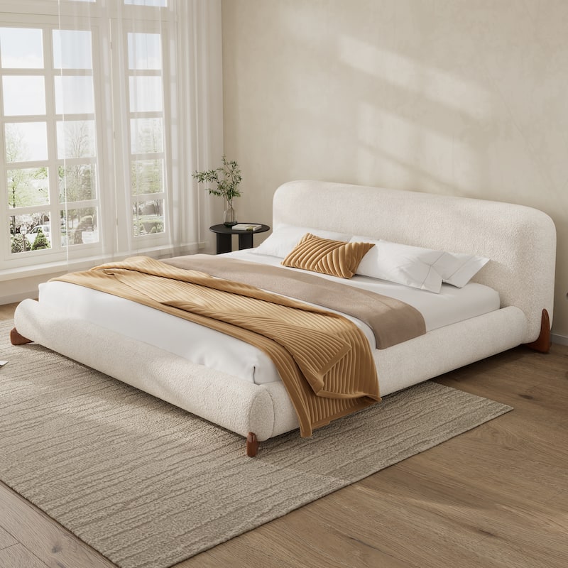 King/Queen Upholstered Platform Bed with Boucle Headboard & Solid Wood Legs - White - King