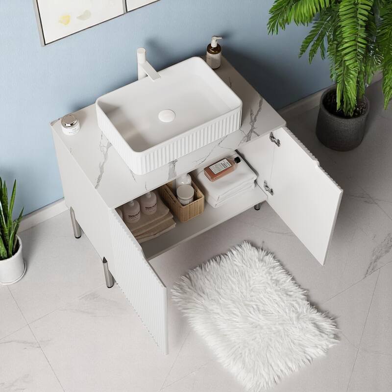 30 Inch Freestanding Bathroom Vanity with Ceramic Basin, Sintered Stone Top & Storage Cabinet