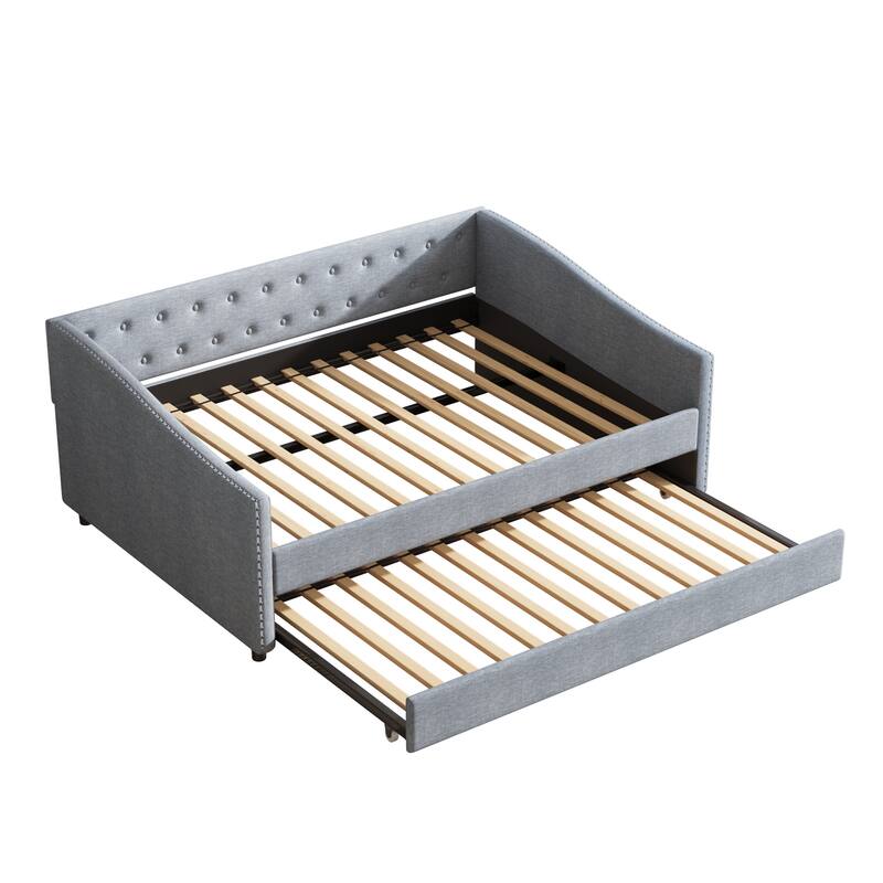 Linen Tufted Daybed with Trundle, Upholstered Platform Sofa Bed Frame, Wooden Slat Support