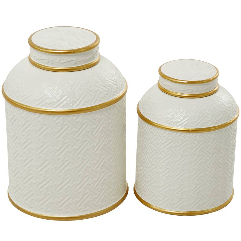 White Ceramic Living Room Decorative Jars with Gold Accents (Set of 2) - S/2 10", 8"H