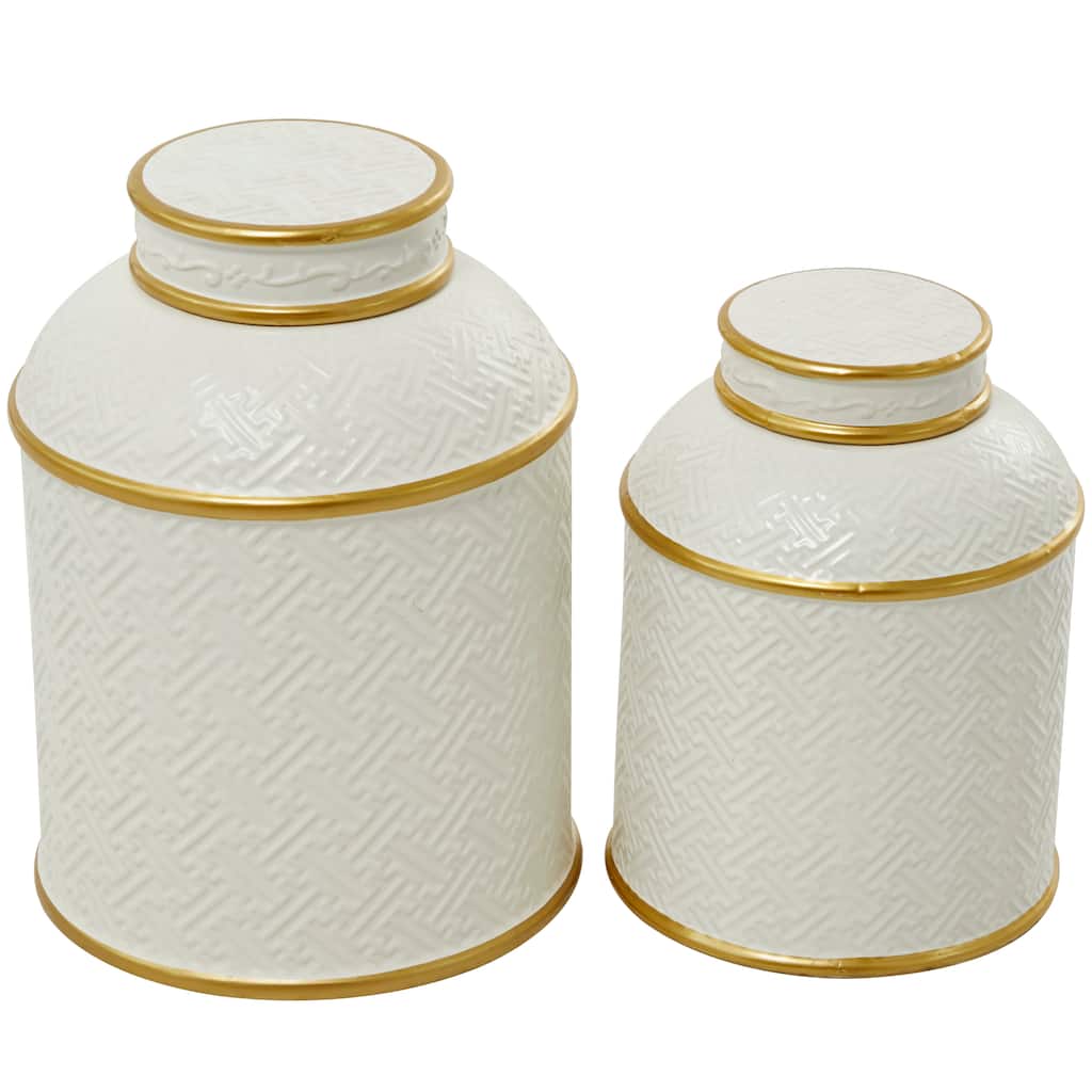 White Ceramic Living Room Decorative Jars with Gold Accents (Set of 2) - S/2 10", 8"H